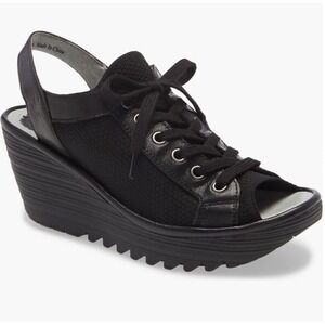 Fly London Yedu Lace-Up Wedge Sandal Rubber Heel Black Sz 39 US (8-8.5)